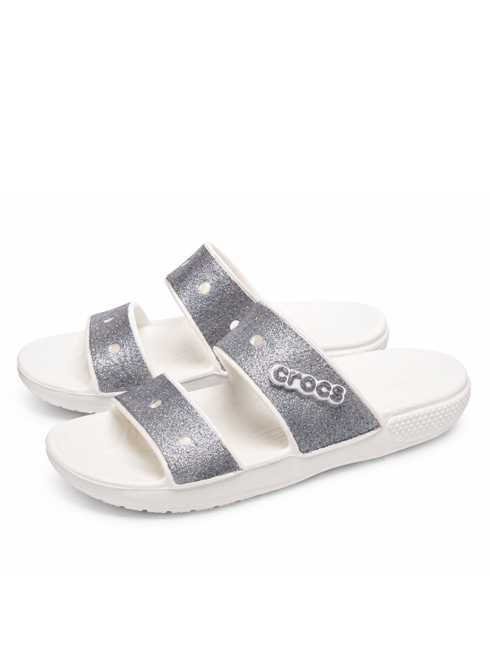 Crocs Glitter Double Strap Slide Sandals White Silver Sparkle Women’s 9